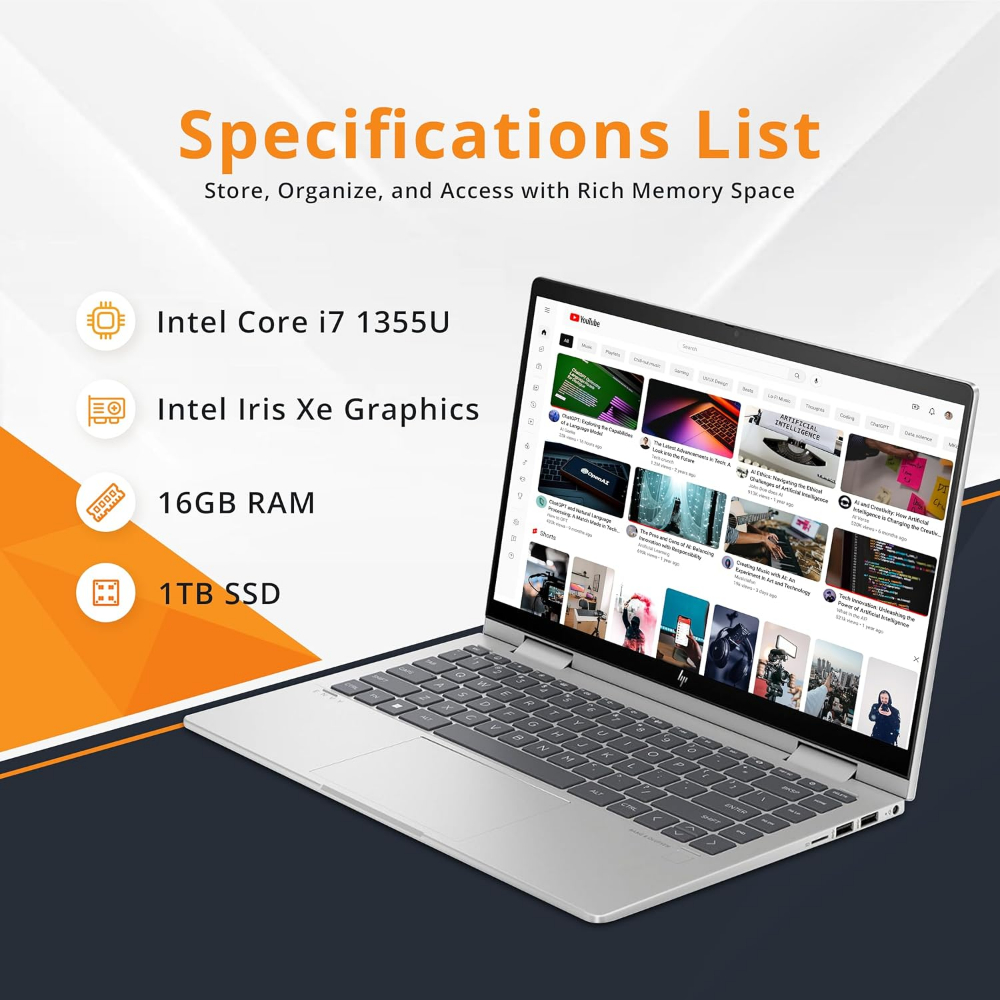[Factory REfurbished] HP Envy x360 2-in-1 14" FHD Touchscreen Laptop, Intel Core i7-1355U, 16GB RAM, 1TB SSD, Backlit Keyboard, 5MP Camera, Fingerprint Reader, Wi-Fi 6E, Win 11