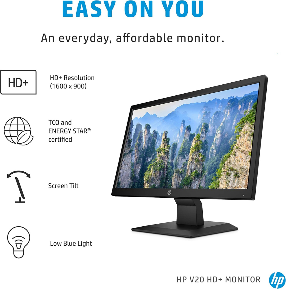 HP V20 HD+ Monitor | 19.5-inch Diagonal HD+ Computer Monitor with TN Panel and Blue Light Settings | HP Monitor with Tiltable Screen HDMI and VGA Port