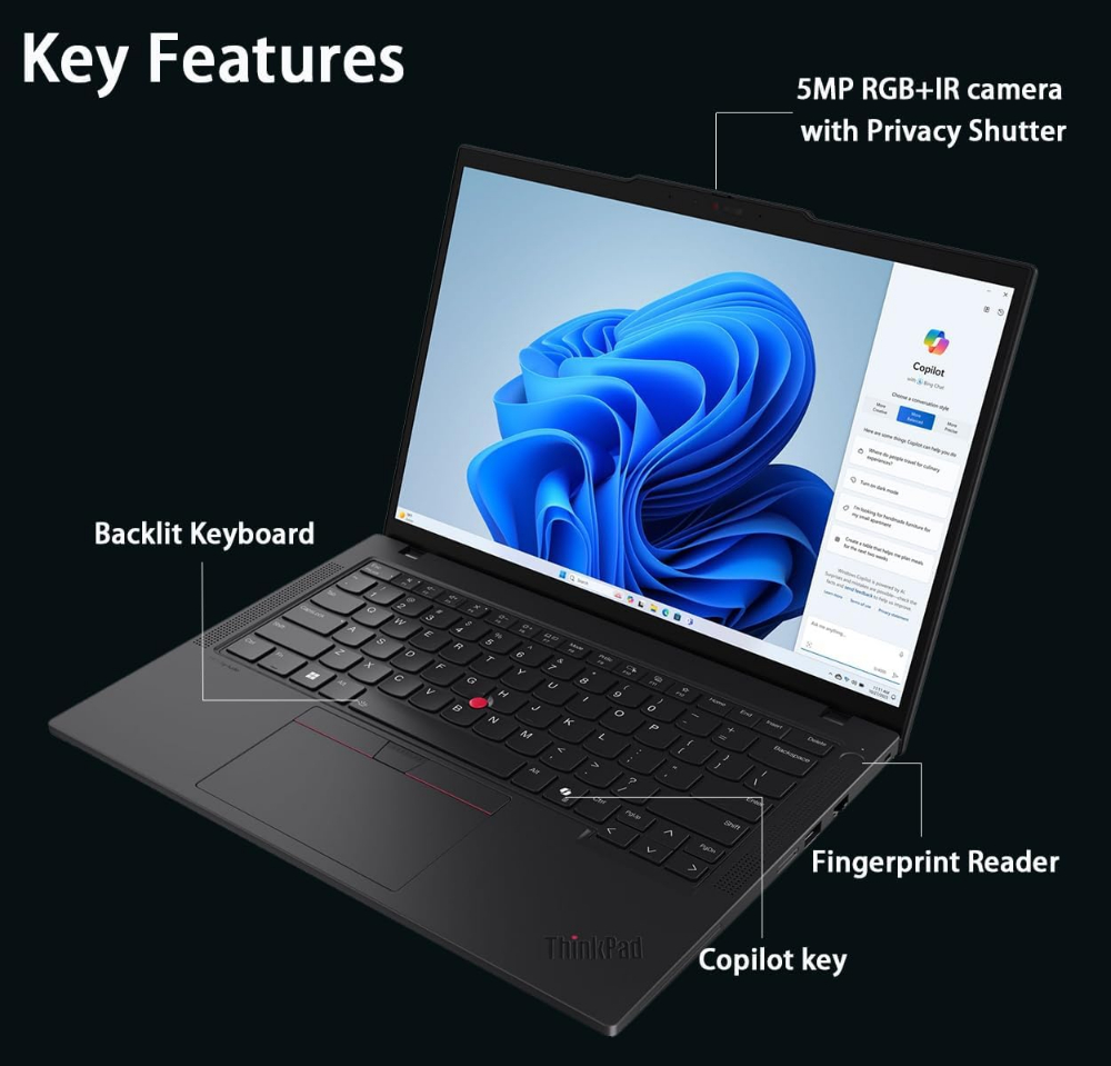Lenovo ThinkPad T14 Gen 5, Intel Core Ultra 7 155U, 16GB DDR5 5600 (Up to 64GB Support), 512GB SSD