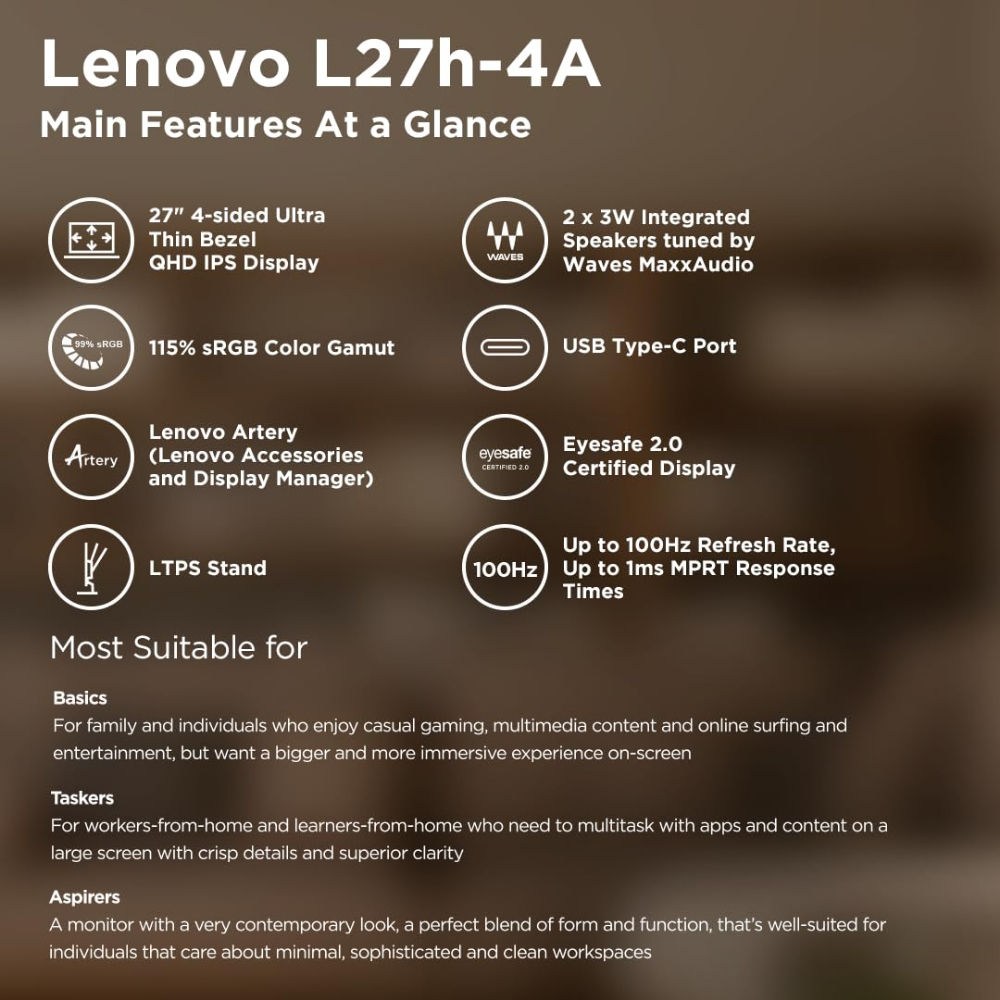 Lenovo L27h-4A 27" QHD Monitor, Integrated Speakers, Tilt/Swivel/Pivot/Height Adjustable Stand, Cloud Grey