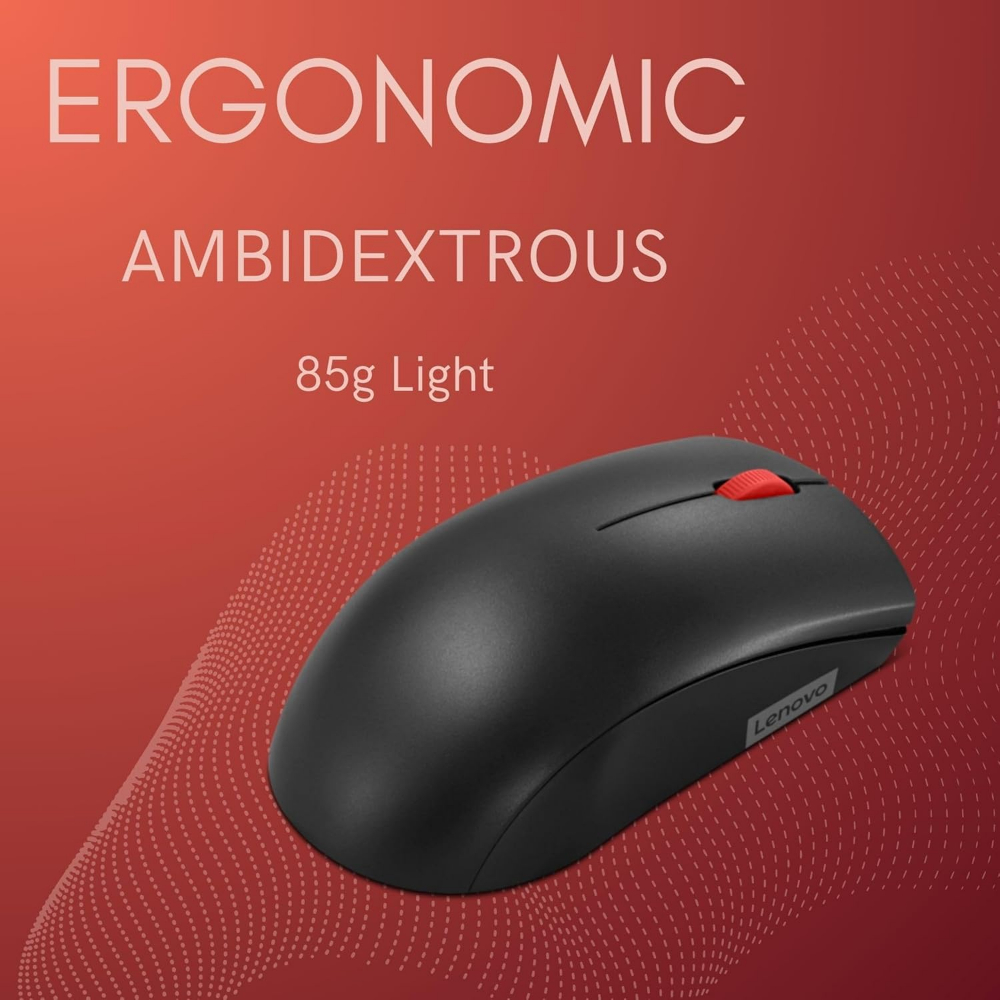 Lenovo 150 Wireless Compact Mouse, 1K DPI Optical sensor, 2.4GHz Wireless NanoUSB, 10m range, 3button(left,right,scroll) upto 3M left/right clicks, 10month battery, Ambidextrous, Ergonomic