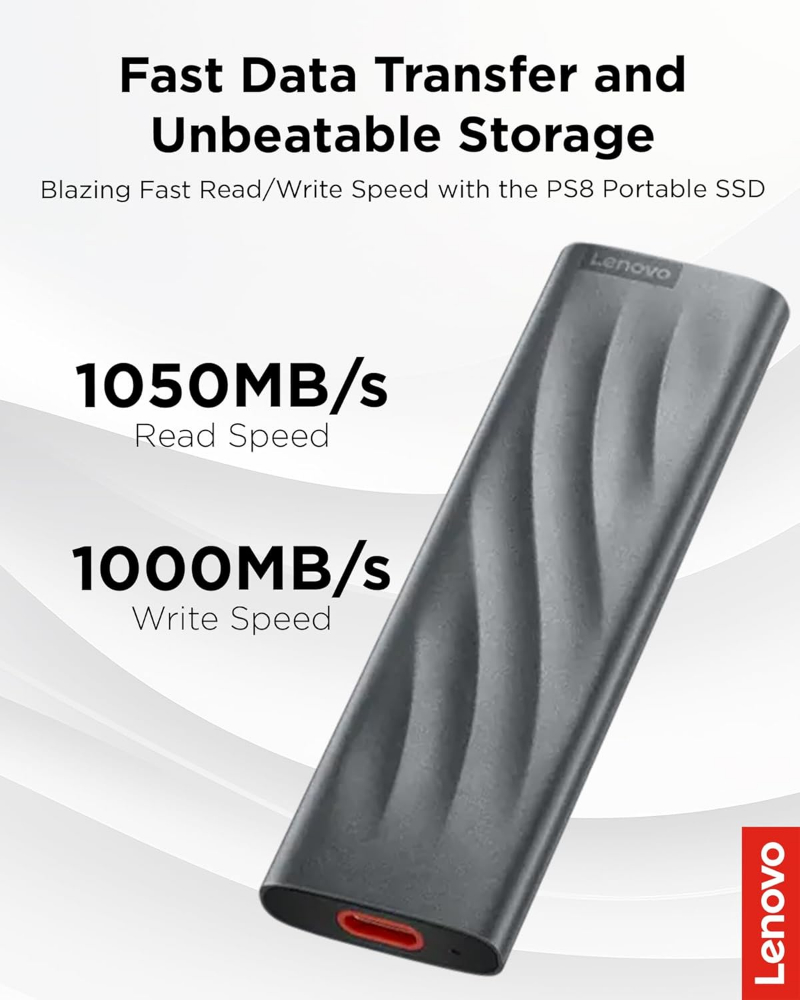 Lenovo 2TB PS8 Portable SSD External Type-C USB 3.2 Gen 2 High Data Transfer Speed, Compatible with PC, Mac, Android