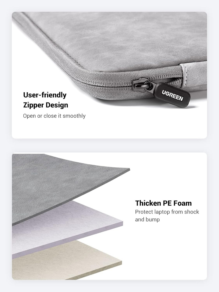 UGREEN 13.3 Inch Laptop Case PU Suede Leather Soft Padded Zipper Cover Sleeve Case Compatible with MacBook Air/ Pro  Water Resistant Bag Protective Briefcase, Gray