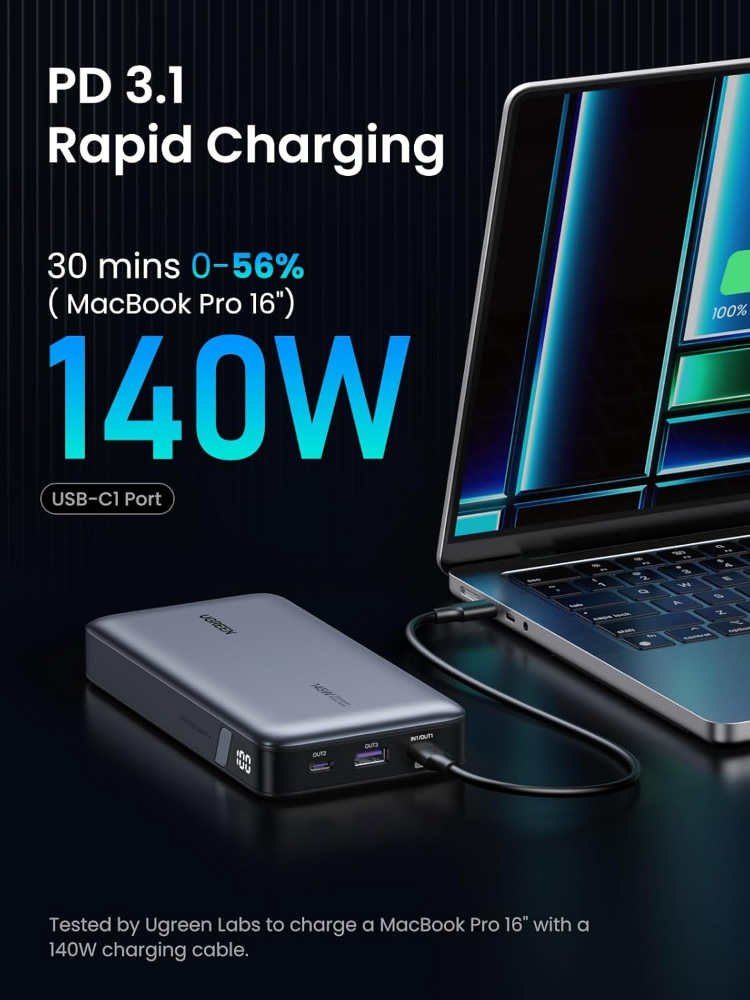 UGREEN Power Bank 25,000mAh 145W Laptop Portable Charger, Nexode 3-Port USB C PD Battery Pack, for MacBook Pro/Air, Dell XPS, iPhone 16/15/14, Galaxy S24, Steam Deck, iPad, and More
