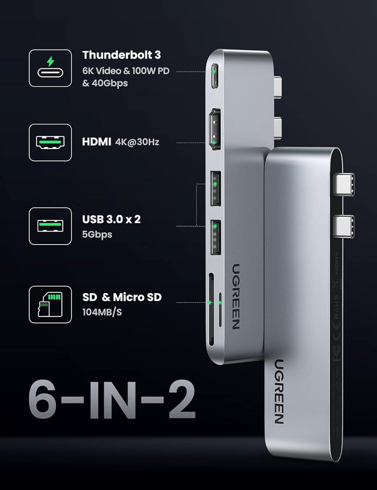 UGREEN 6 in 2 4K HDMI USB C Hub Adapter Compatible with MacBook Pro Air M2 M1 2022 to 2016, Multiports USB 3.0 5Gbps, Thunderbolt 3 6K Video, 100W PD, 40Gbps Transmission, SD TF Card Reader