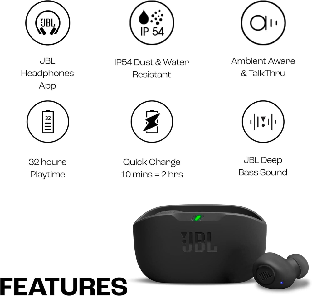 JBL Wave Buds In-Ear Wireless Earbuds with IP54 and IPX2 Waterproofing, Powerful Bass and 32-Hour Battery Life, Black