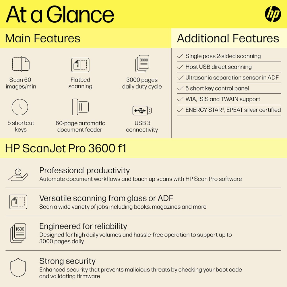 HP ScanJet Pro 3600 f1, Fast 2-Sided scanning and auto Document Feeder
