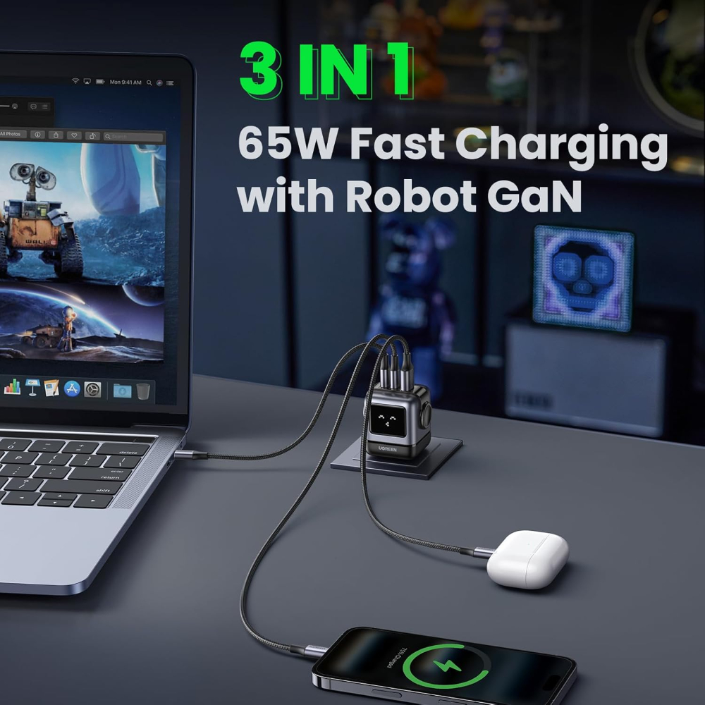UGREEN Uno Charger 65W USB C Charger Nexode 3-Port GaN Fast Charger Plug Type C Power Adapter Compatible with MacBook Pro, iPhone ,Galaxy