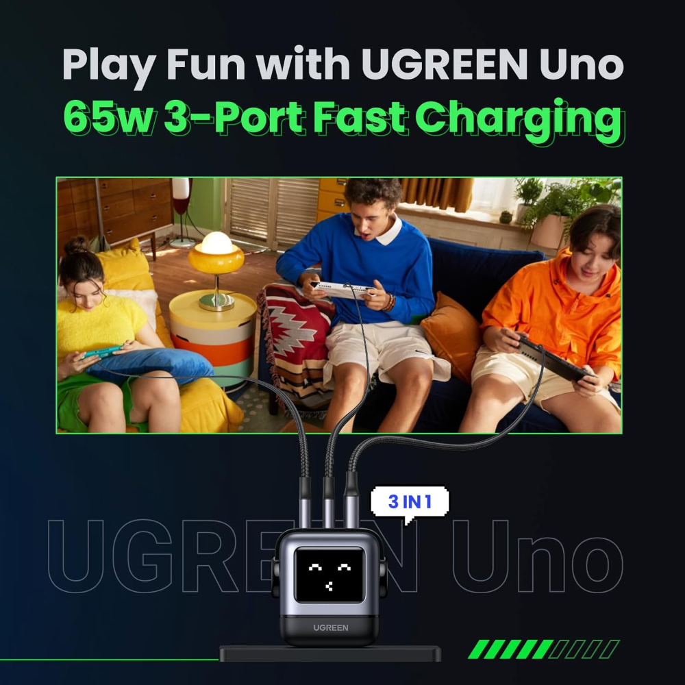 UGREEN Uno Charger 65W USB C Charger Nexode 3-Port GaN Fast Charger Plug Type C Power Adapter Compatible with MacBook Pro, iPhone ,Galaxy