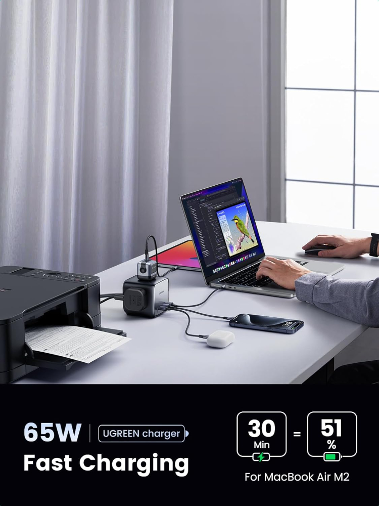 UGREEN 65W Power Strip DigiNest Cube GaN Extension Lead with USB C Slots, 7-in-1 Charging Station with 3 AC Outlets, 2 USB C, 2 USB A, 1.8M Extender Cord