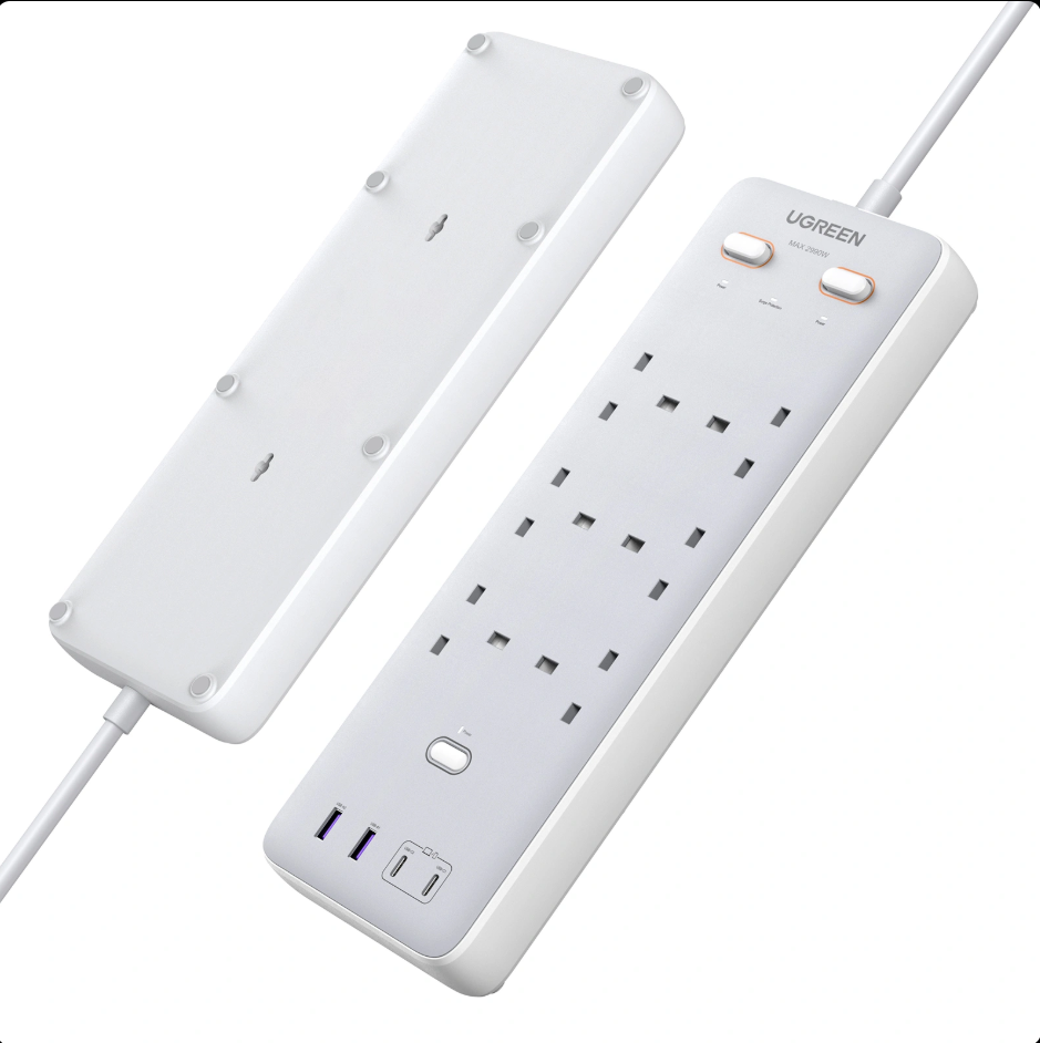 UGREEN 65W 10-in-1 Extension Cord with 4 USB Slots, Power Strip Surge Protector with 6-Way Multi-plug USB Charger Socket Smart Charging Station 2M Extension Cable