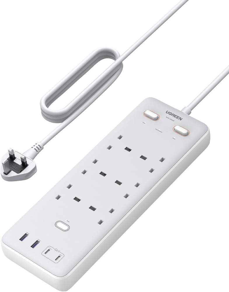 UGREEN 65W 10-in-1 Extension Cord with 4 USB Slots, Power Strip Surge Protector with 6-Way Multi-plug USB Charger Socket Smart Charging Station 2M Extension Cable