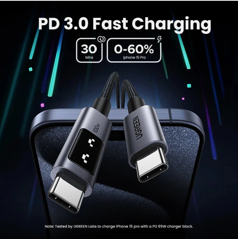 UGREEN Uno USB C to USB C Cable 100W Fast Charging Cable Type C Charging Cord with LED Display 2 METRES