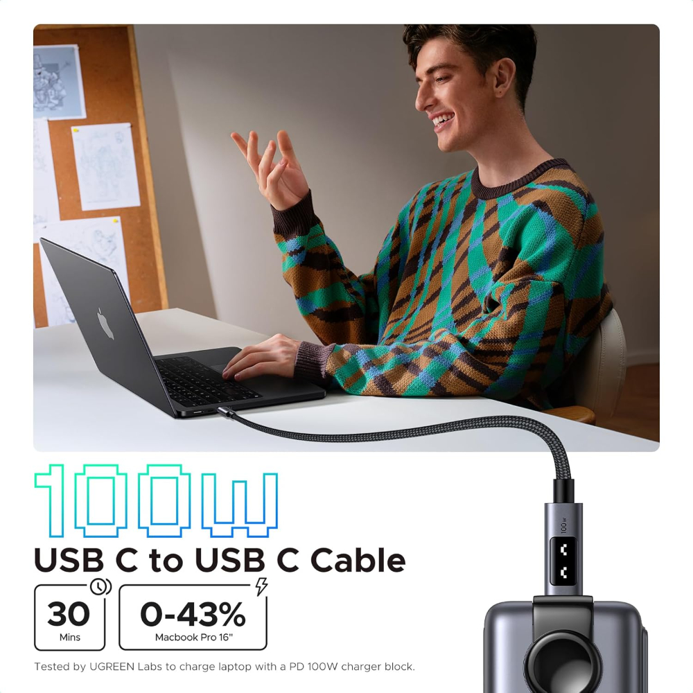 UGREEN Uno USB C to USB C Cable 100W Fast Charging Cable Type C Charging Cord with LED Display 3 METRES