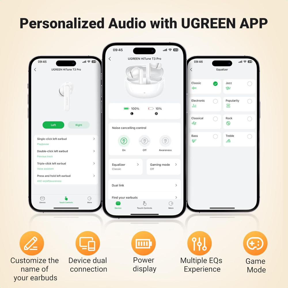 UGREEN HiTune T3 Active Noise Cancelling Wireless Earbuds Bluetooth 5.2, AI-Enhanced Clear Calls