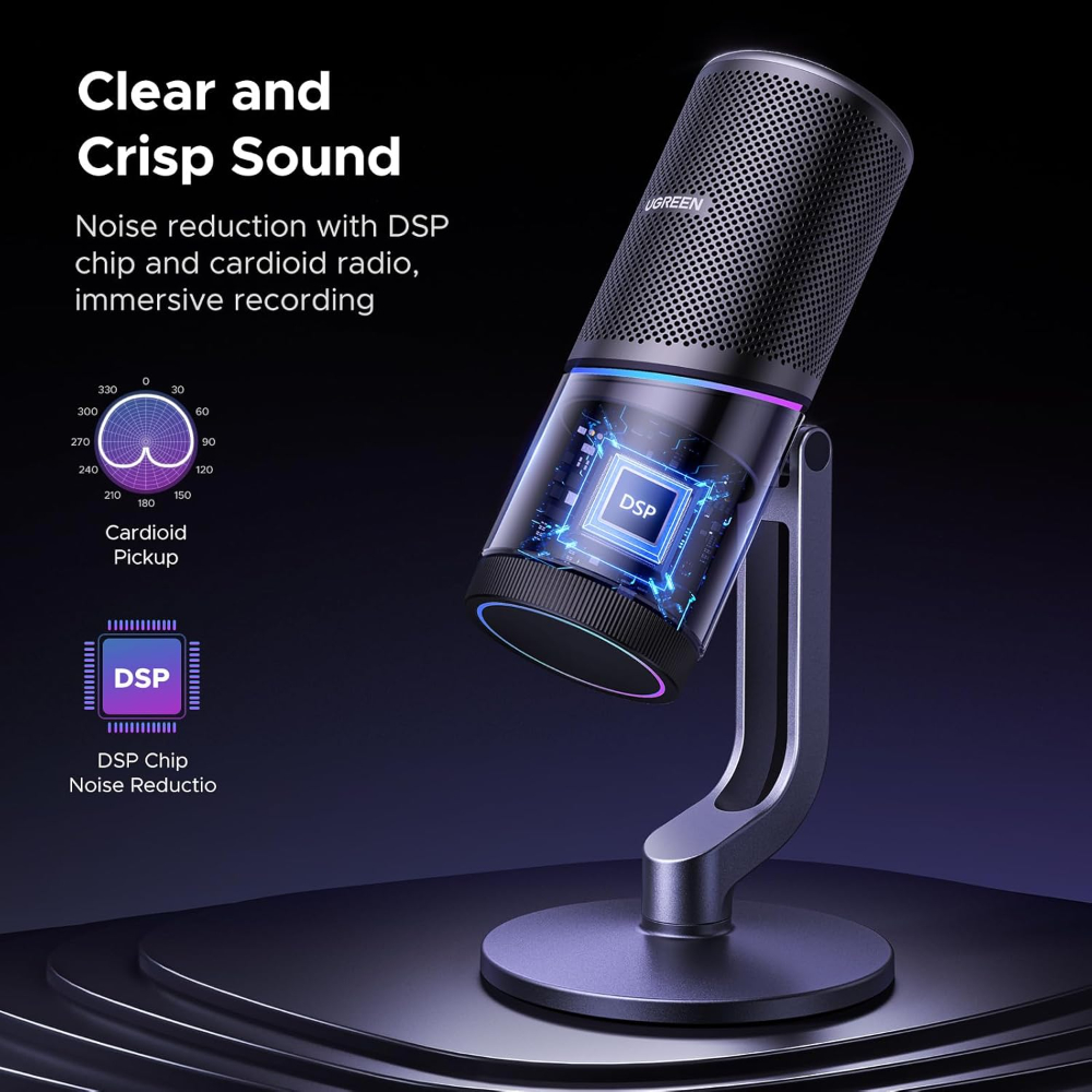UGREEN USB Microphone 24bit/96KHz RGB Gaming Mic Cardioid Condenser PC Microphone Noise Reduction for Podcasting, Streaming, Recording with Quick Mute,