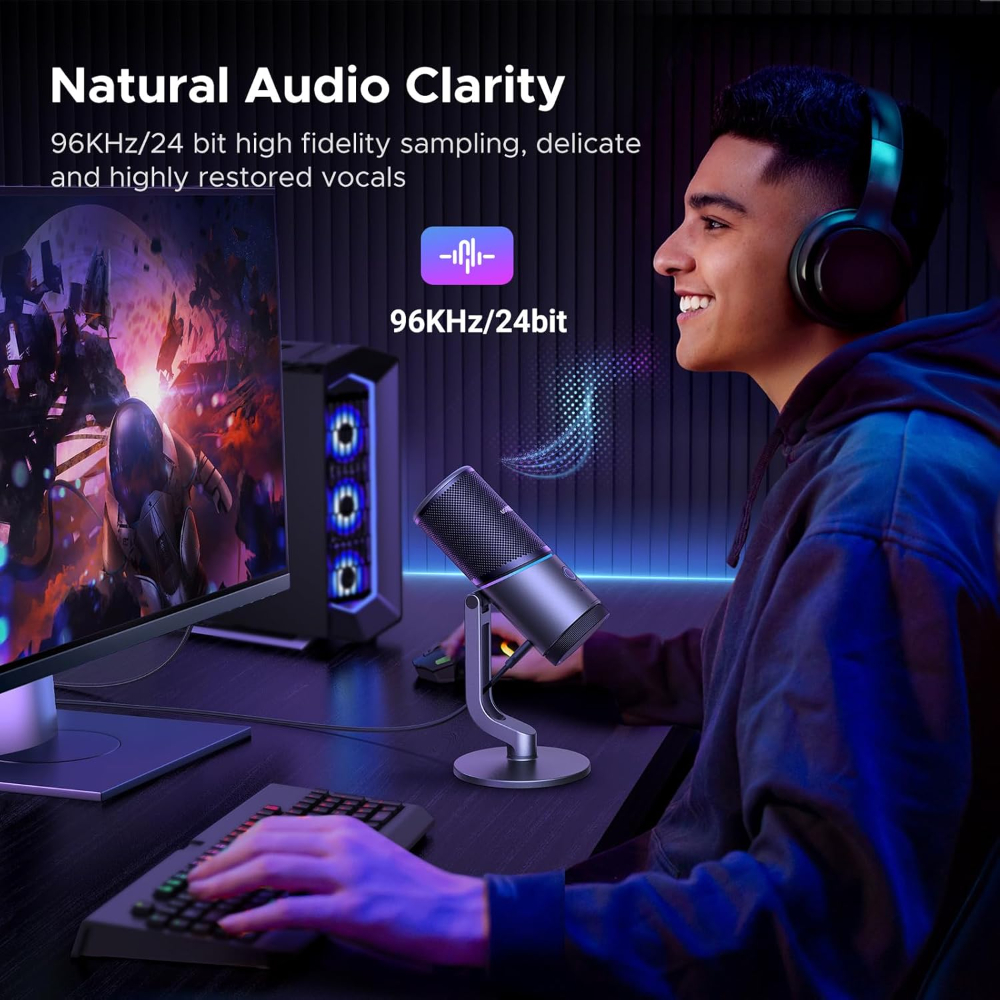 UGREEN USB Microphone 24bit/96KHz RGB Gaming Mic Cardioid Condenser PC Microphone Noise Reduction for Podcasting, Streaming, Recording with Quick Mute,
