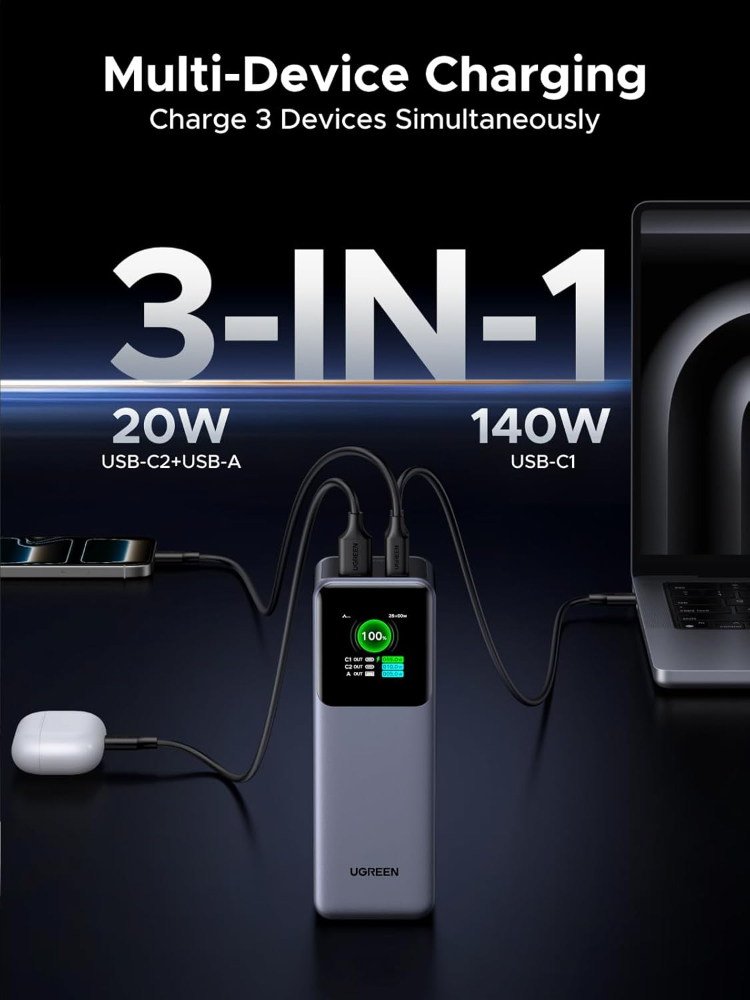 UGREEN Nexode Power Bank 25000mAh 200W PD 3.1 Laptop Portable Charger Fast Charging Smart Digital Display