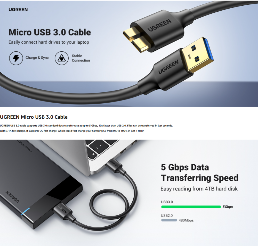 UGREEN Micro USB 3.0 Cable USB 3.0 Type A Male to Micro B Cord