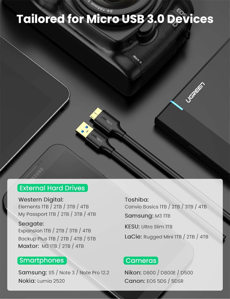 UGREEN Micro USB 3.0 Cable USB 3.0 Type A Male to Micro B Cord