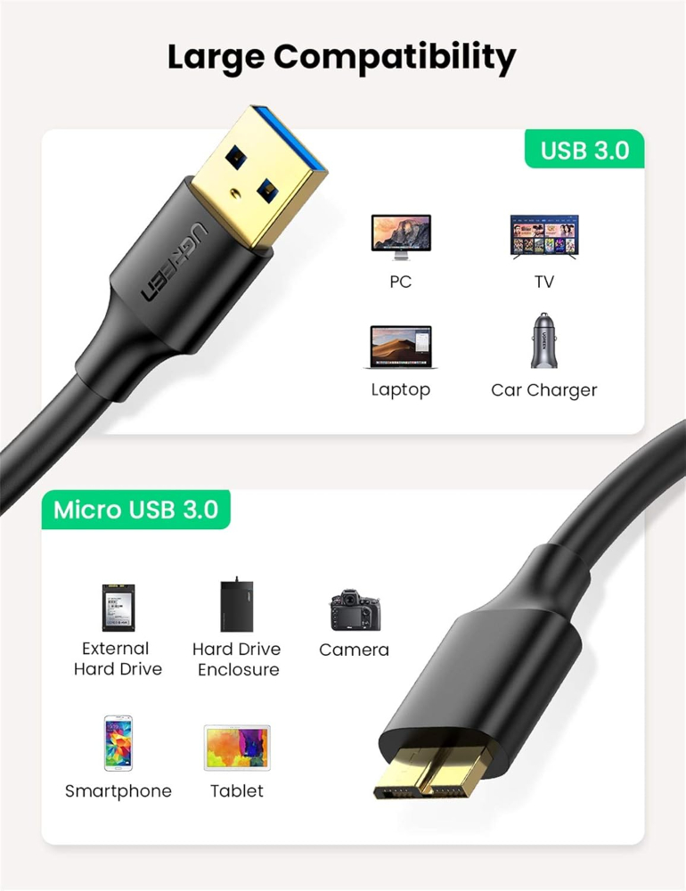 UGREEN USB-A 3.0 to Micro USB 3.0 Male Cable (0.5m, Black)