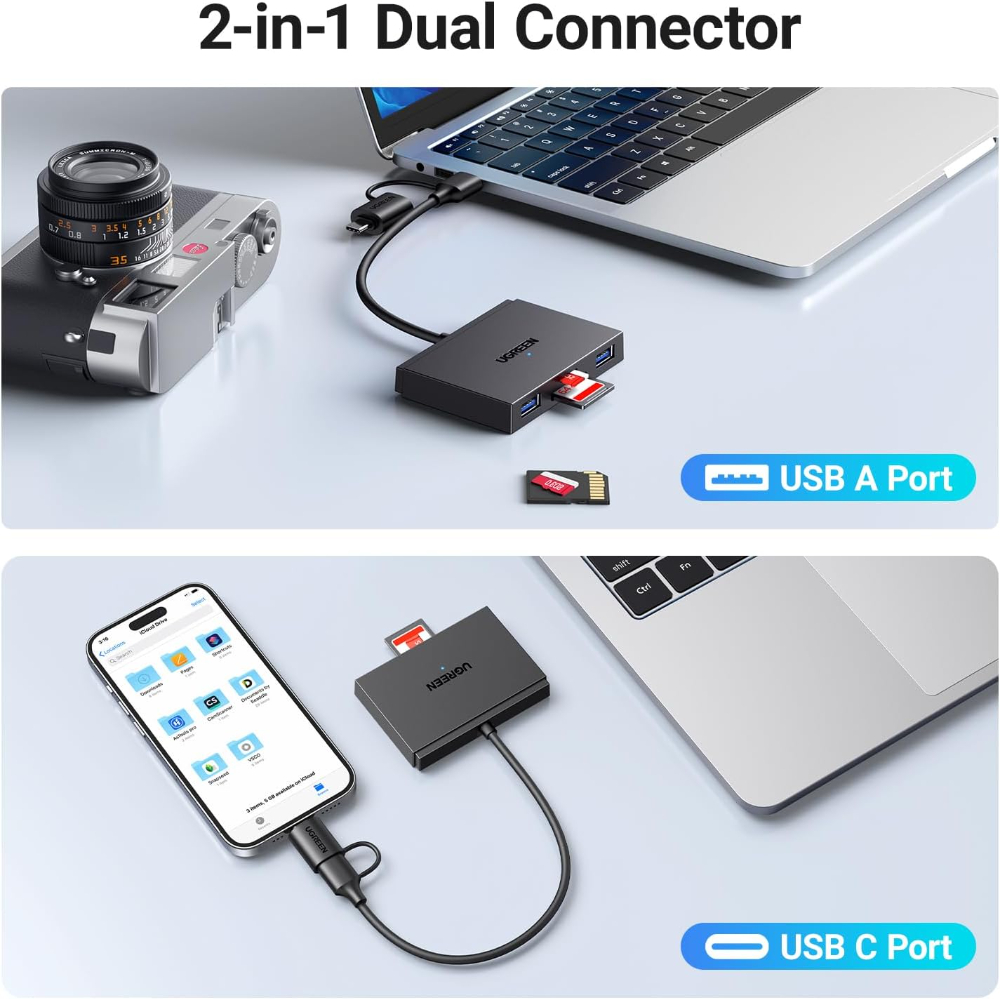 UGREEN 4 in 1 SD Card Reader USB C & OTG Adapter with SD, TF Card Slots and 2 USB 3.0 Ports 5Gbps