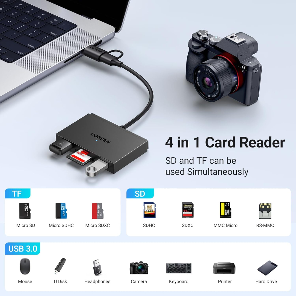UGREEN 4 in 1 SD Card Reader USB C & OTG Adapter with SD, TF Card Slots and 2 USB 3.0 Ports 5Gbps