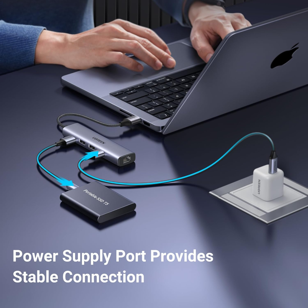 UGREEN USB to Ethernet Adapter, 5 in 1 USB Hub with Ethernet, Plug and Play, Multiport Network Adapter with 3 USB 3.0 Port, Gigabit RJ45, USB-C Power Port