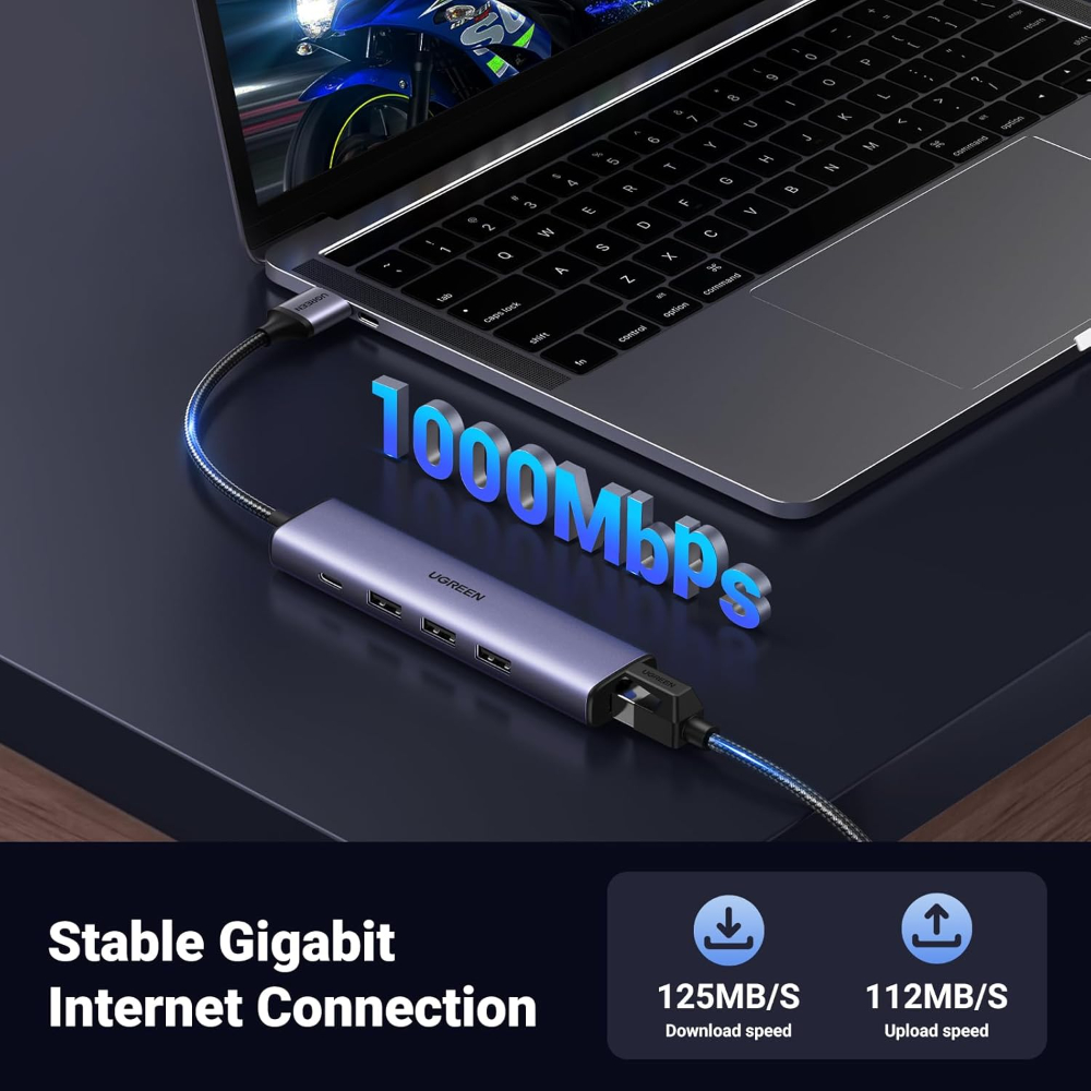 UGREEN USB to Ethernet Adapter, 5 in 1 USB Hub with Ethernet, Plug and Play, Multiport Network Adapter with 3 USB 3.0 Port, Gigabit RJ45, USB-C Power Port