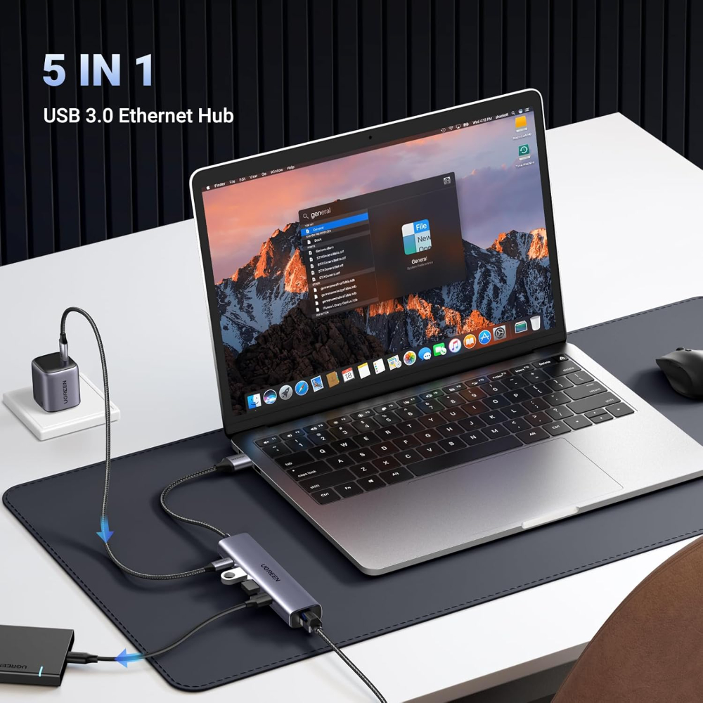 UGREEN USB to Ethernet Adapter, 5 in 1 USB Hub with Ethernet, Plug and Play, Multiport Network Adapter with 3 USB 3.0 Port, Gigabit RJ45, USB-C Power Port