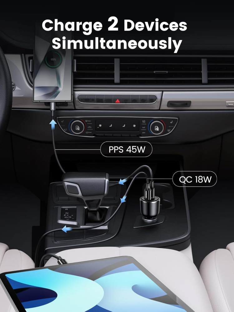 UGREEN 63W USB C Car Charger, 2 Ports PD 36W/PPS 45W Super Fast Charging 2.0 & QC 18W, LED Light
