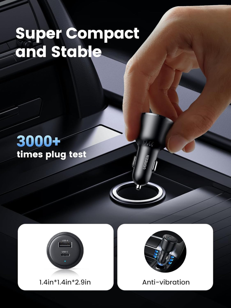 UGREEN 63W USB C Car Charger, 2 Ports PD 36W/PPS 45W Super Fast Charging 2.0 & QC 18W, LED Light