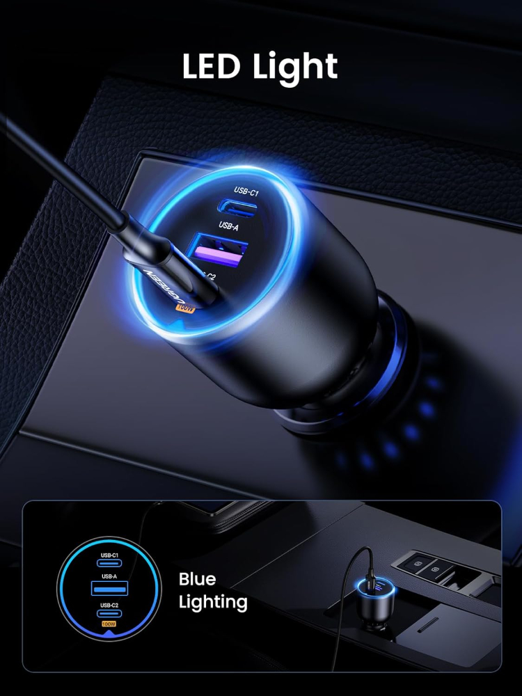 UGREEN Car Charger 130W USB C Fast Car Charge, 3-Port Cigarette Lighter USB Charger