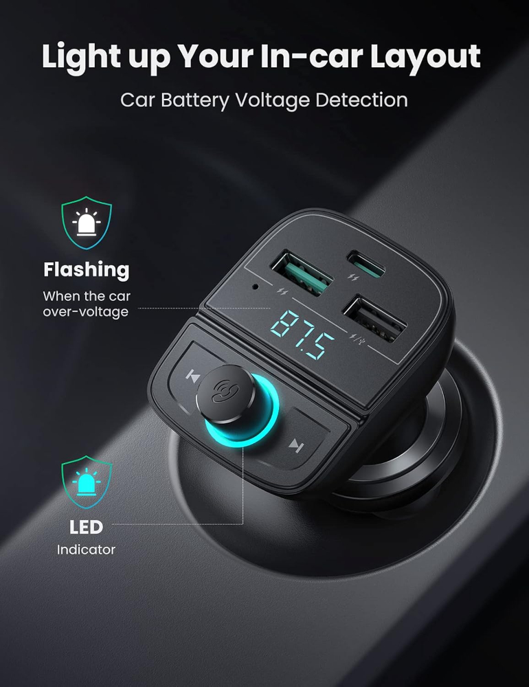 UGREEN Bluetooth FM Transmitter USB Car Charger Fast Charging 38W QC PD Quick Power Radio Adapter Multi-functional Ports Car Kit Built-in Mic Support Hands-Free Calls, LED Backlit