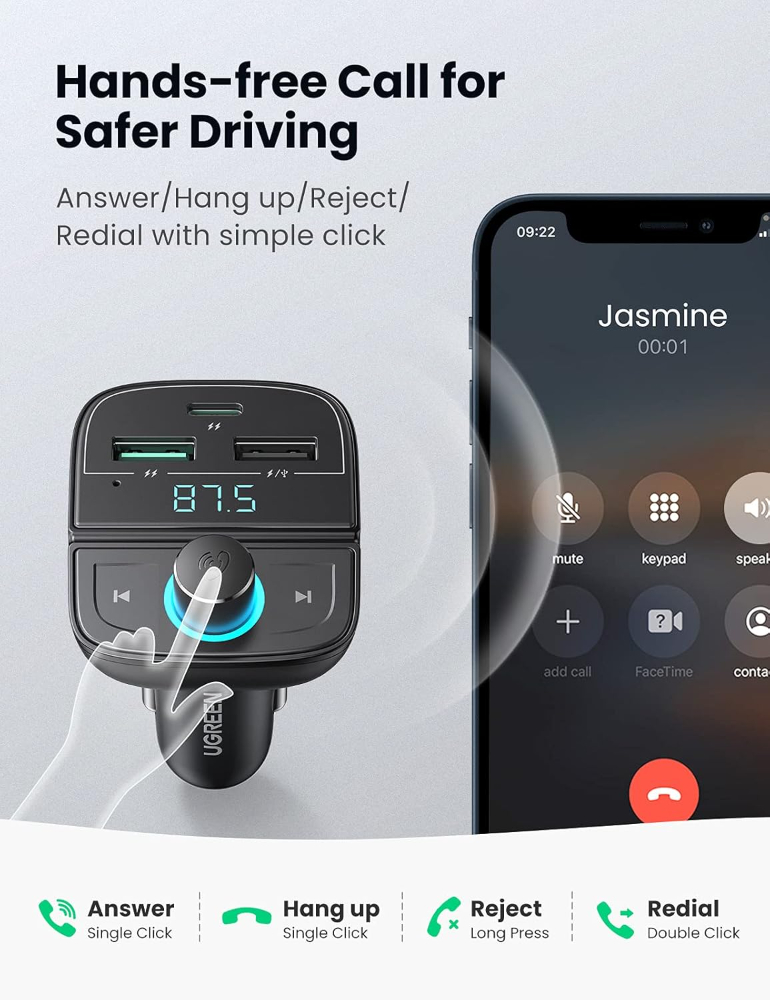 UGREEN Bluetooth FM Transmitter USB Car Charger Fast Charging 38W QC PD Quick Power Radio Adapter Multi-functional Ports Car Kit Built-in Mic Support Hands-Free Calls, LED Backlit