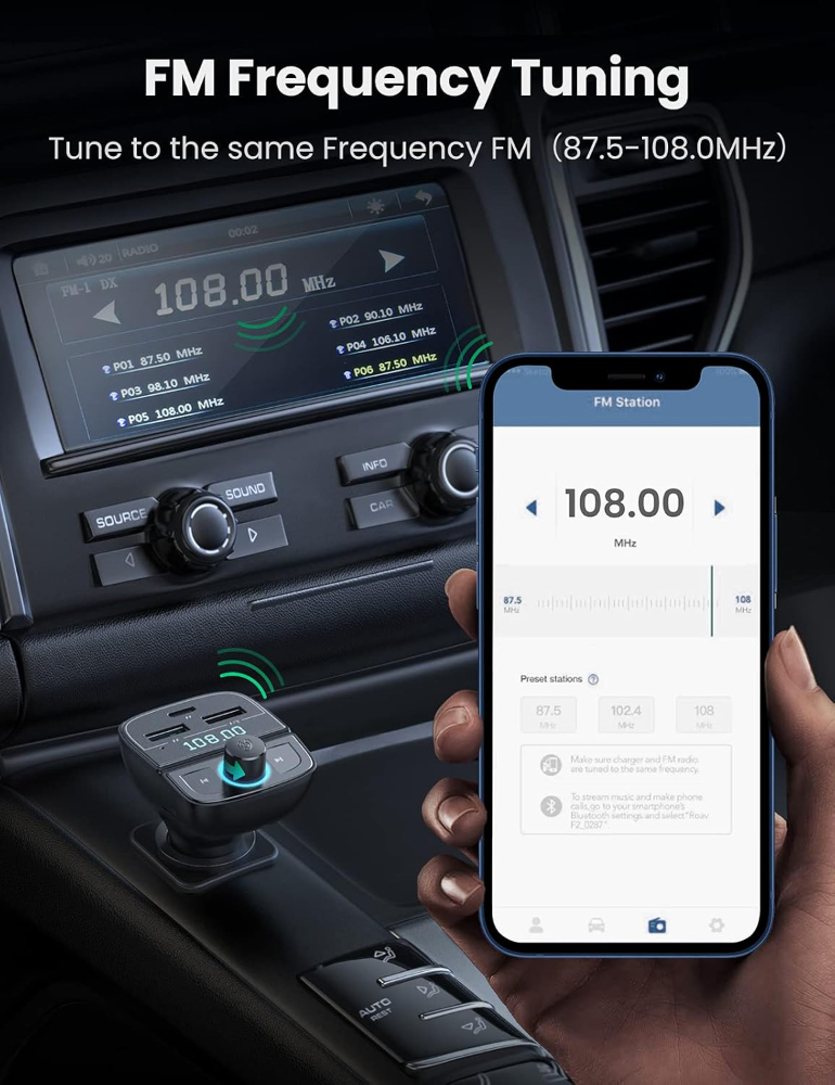 UGREEN Bluetooth FM Transmitter USB Car Charger Fast Charging 38W QC PD Quick Power Radio Adapter Multi-functional Ports Car Kit Built-in Mic Support Hands-Free Calls, LED Backlit
