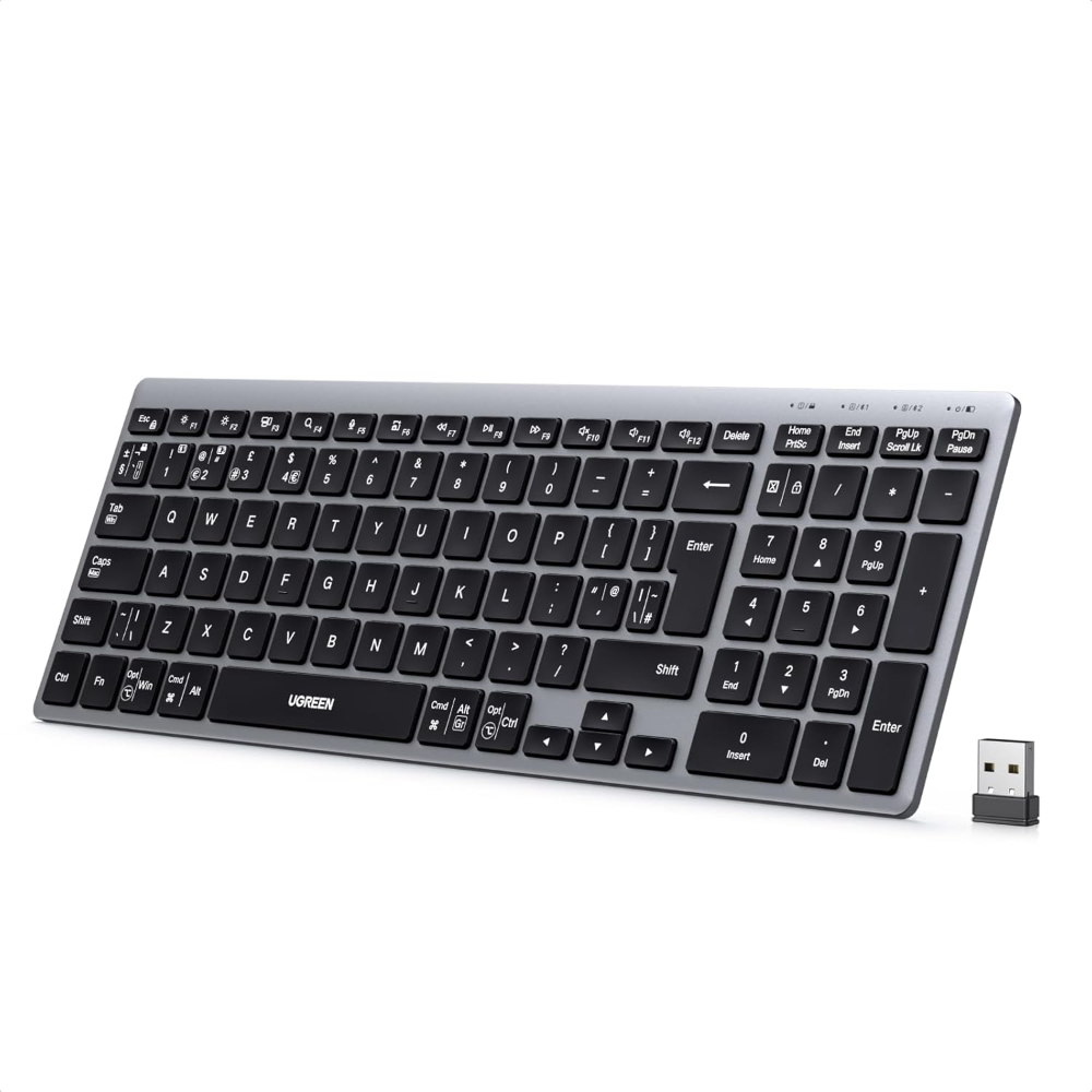 UGREEN Wireless Keyboard, Bluetooth Keyboard with UK Layout, Mini and Rechargeable Ergonomic Keyboard, BT5.4 &2.4GHz