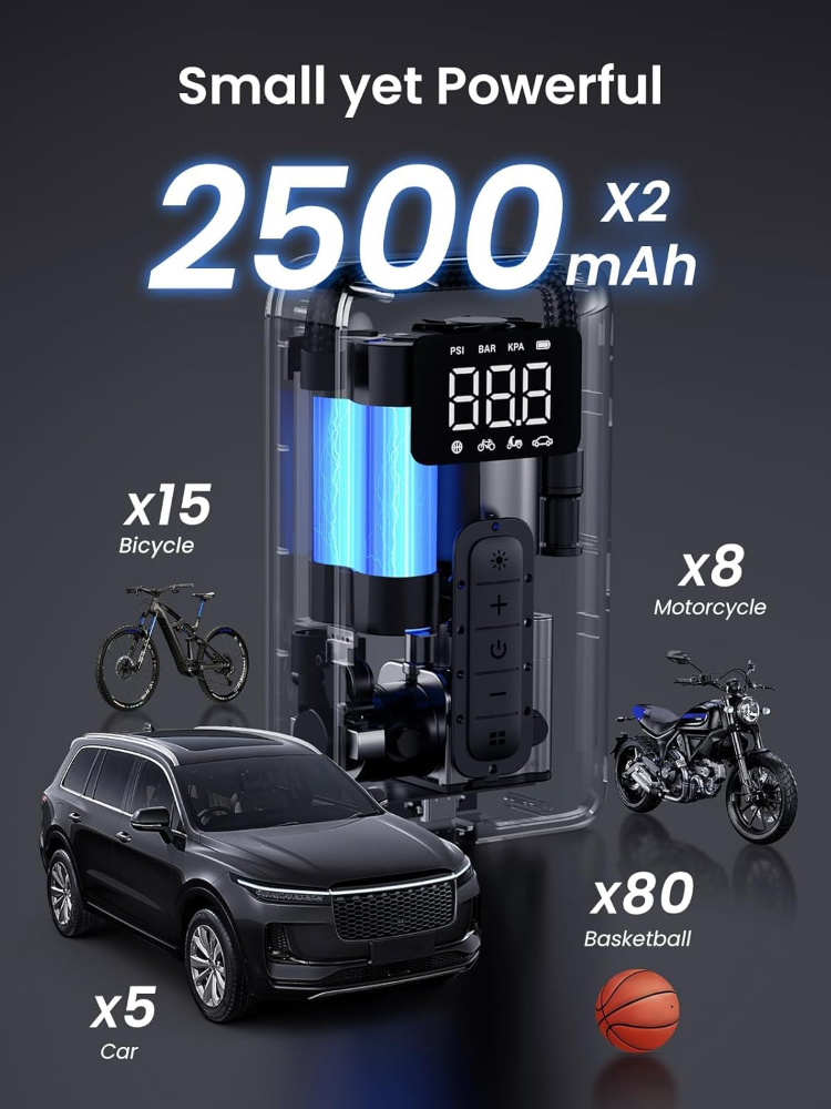 UGREEN Tire Inflator Portable Air Compressor 【2026 Upgrade Long Battery Life】150PSI Air Pump with Battery LED Light Cordless Tire pump for Cars Bikes Motorcycle Balls