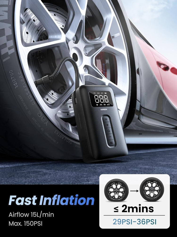 UGREEN Tire Inflator Portable Air Compressor 【2026 Upgrade Long Battery Life】150PSI Air Pump with Battery LED Light Cordless Tire pump for Cars Bikes Motorcycle Balls