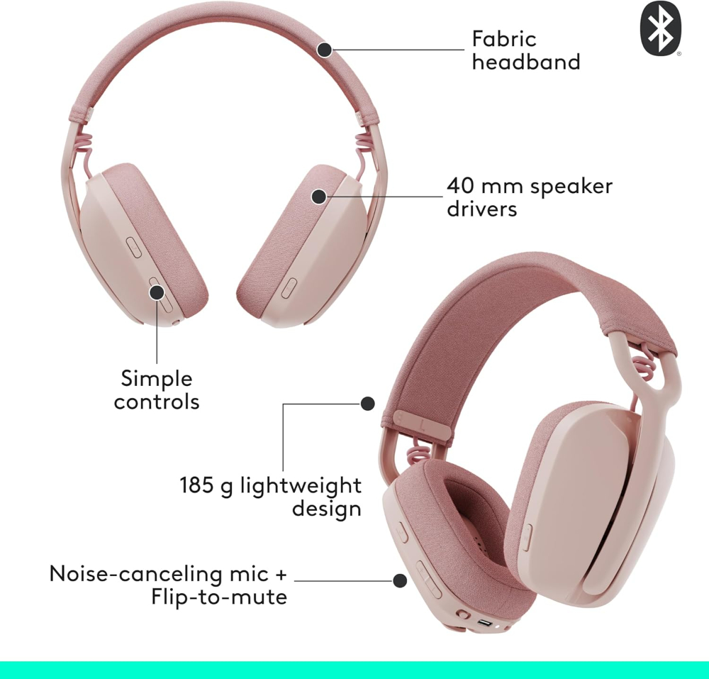 Logitech Zone Vibe 100 Lightweight Wireless Over Ear Headphones with Noise Canceling Microphone, Advanced Multipoint Bluetooth Headset, Works with Teams, Google Meet, Zoom, Mac/PC - Rose