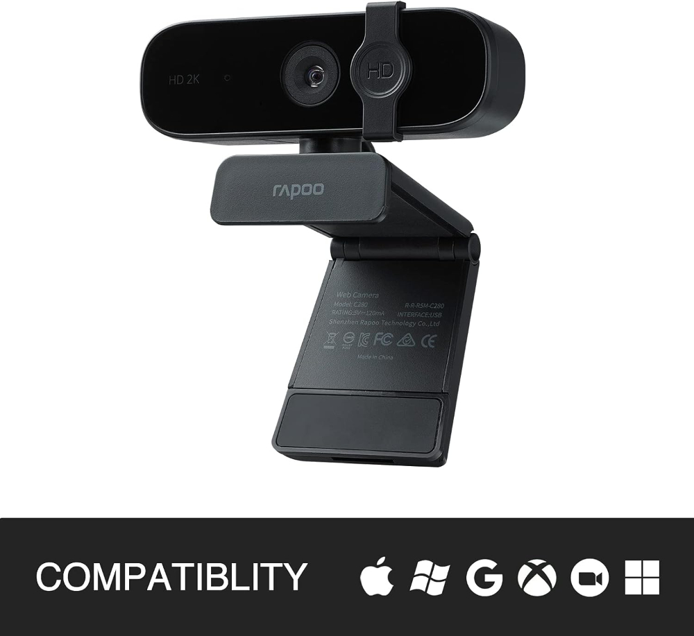 RAPOO C280 Web Camera With 2K Sharp & Clear Images, Privacy Cover, Built In Omni Directional Microphone, Wide Angle Lens, Flexible Rotation & USB Plug & Play For Zoom/Skype/Google Hangouts/Face Time/Laptop & PC
