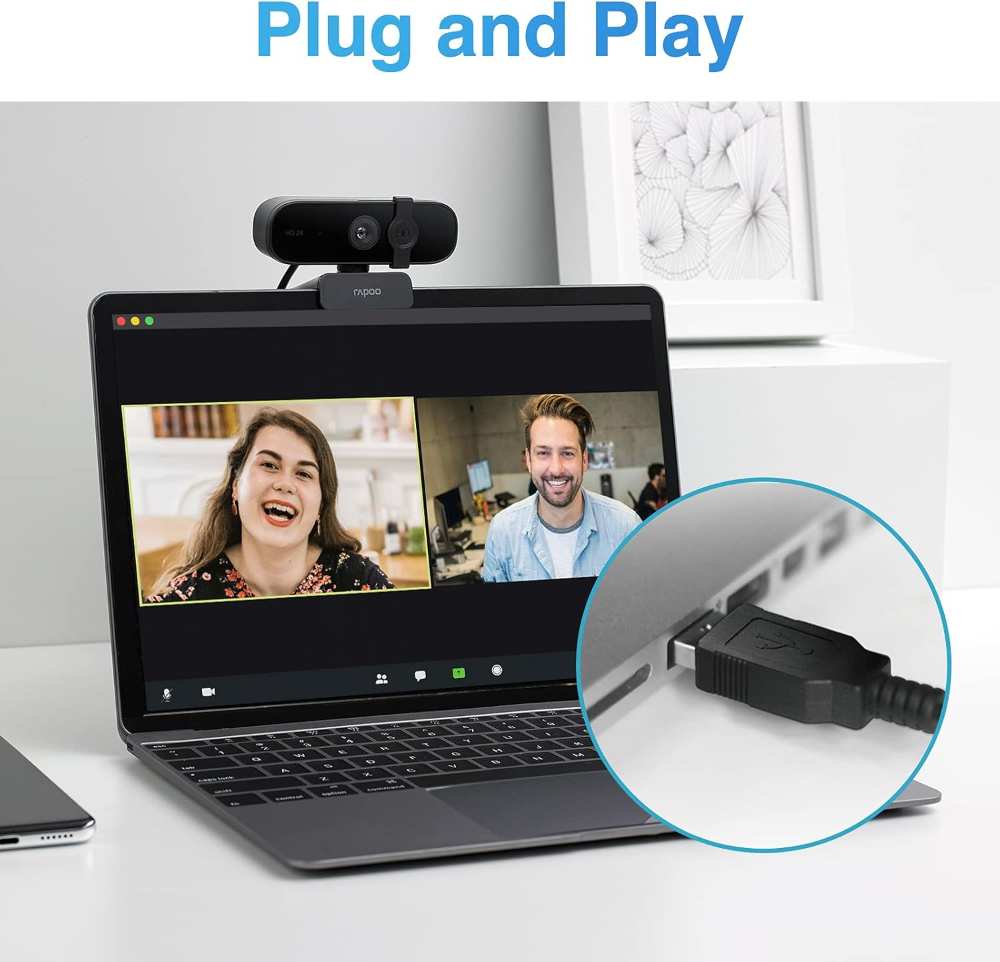 RAPOO C280 Web Camera With 2K Sharp & Clear Images, Privacy Cover, Built In Omni Directional Microphone, Wide Angle Lens, Flexible Rotation & USB Plug & Play For Zoom/Skype/Google Hangouts/Face Time/Laptop & PC