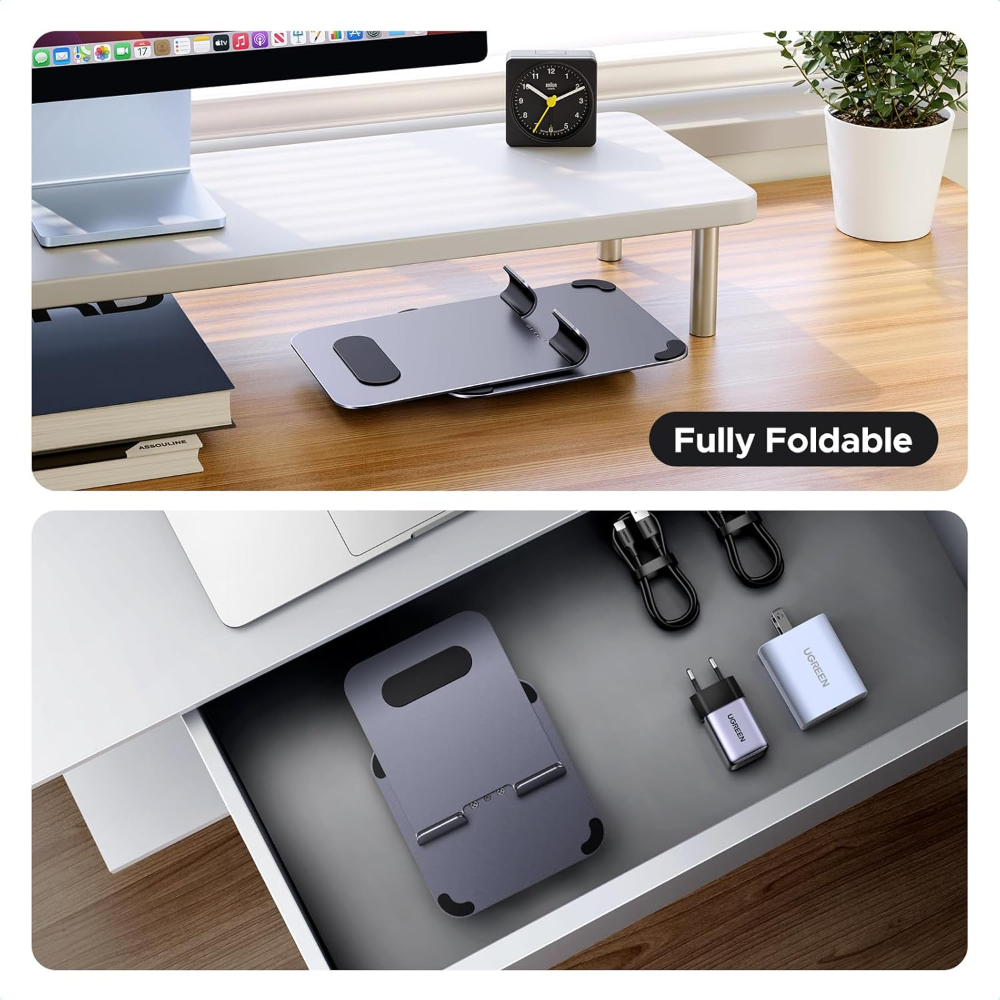 UGREEN Rotary Desk Cell Phone Stand with Height Adjustment – 360° Rotating Aluminum Smartphone Holder, Adjustable & Foldable for Desk & Office