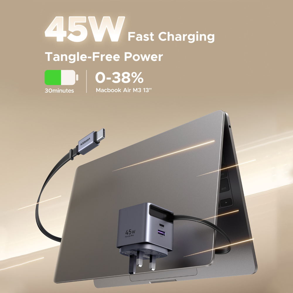 UGREEN 45W GaN Fast Charger (UK Plug) – 3-Port 2 USB-C + 1 USB-A PD Power Adapter for MacBook, iPhone, Samsung, iPad & Laptops