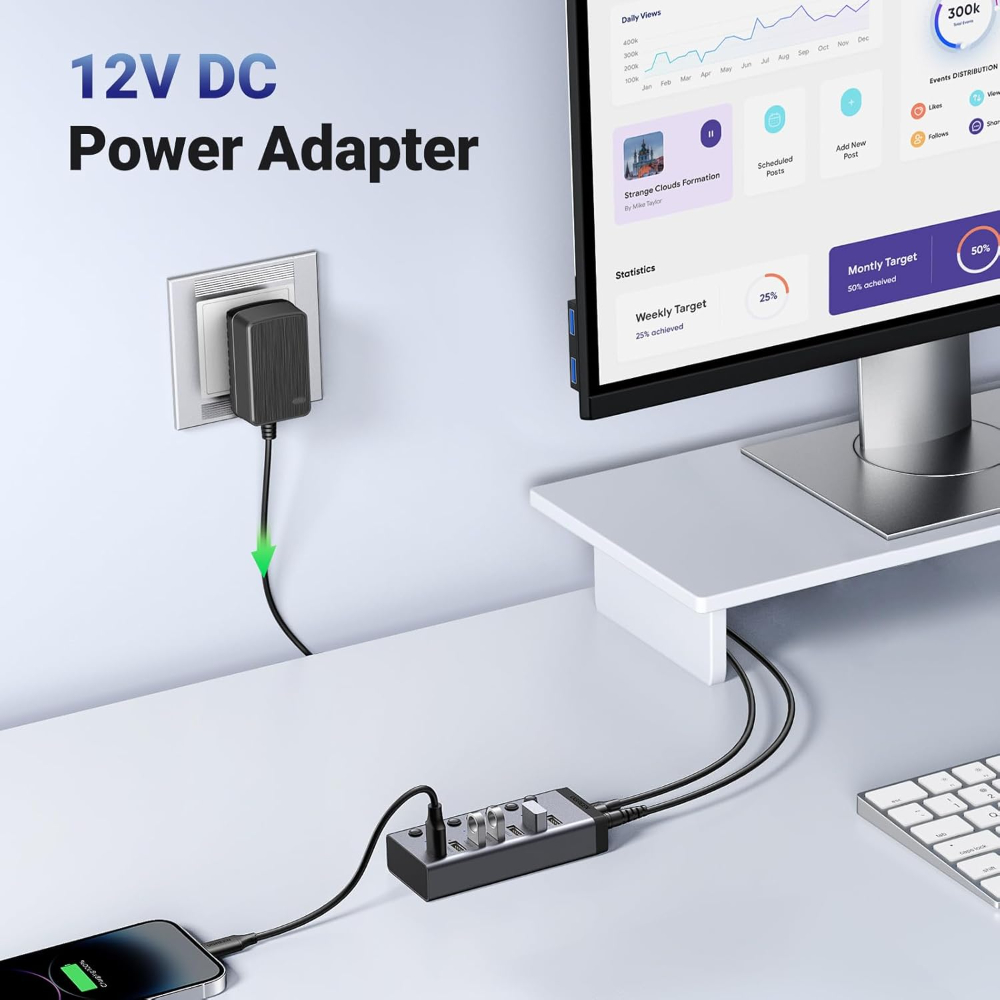 UGREEN Powered USB Hub 3.0, 7-Port USB Adapter with 4 Smart Charging Ports, USB Splitter with Individual Led On/Off Switches and Power Adapter, USB Ports Extender for Laptop PC