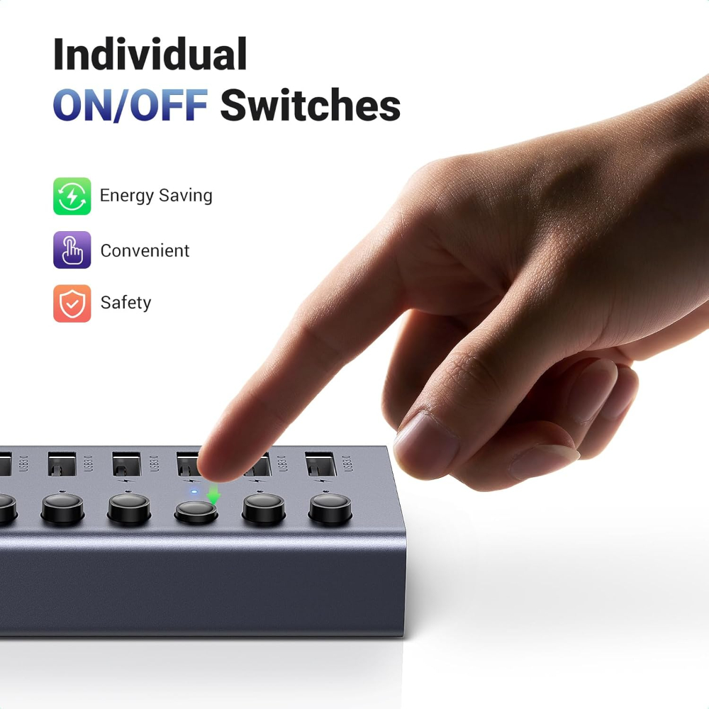 UGREEN Powered USB Hub 3.0, 7-Port USB Adapter with 4 Smart Charging Ports, USB Splitter with Individual Led On/Off Switches and Power Adapter, USB Ports Extender for Laptop PC