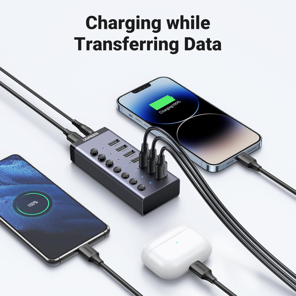 UGREEN Powered USB Hub 3.0, 7-Port USB Adapter with 4 Smart Charging Ports, USB Splitter with Individual Led On/Off Switches and Power Adapter, USB Ports Extender for Laptop PC