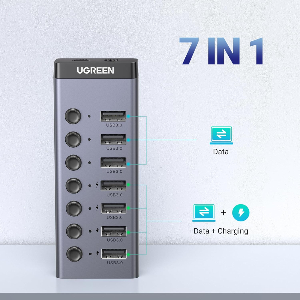 UGREEN Powered USB Hub 3.0, 7-Port USB Adapter with 4 Smart Charging Ports, USB Splitter with Individual Led On/Off Switches and Power Adapter, USB Ports Extender for Laptop PC