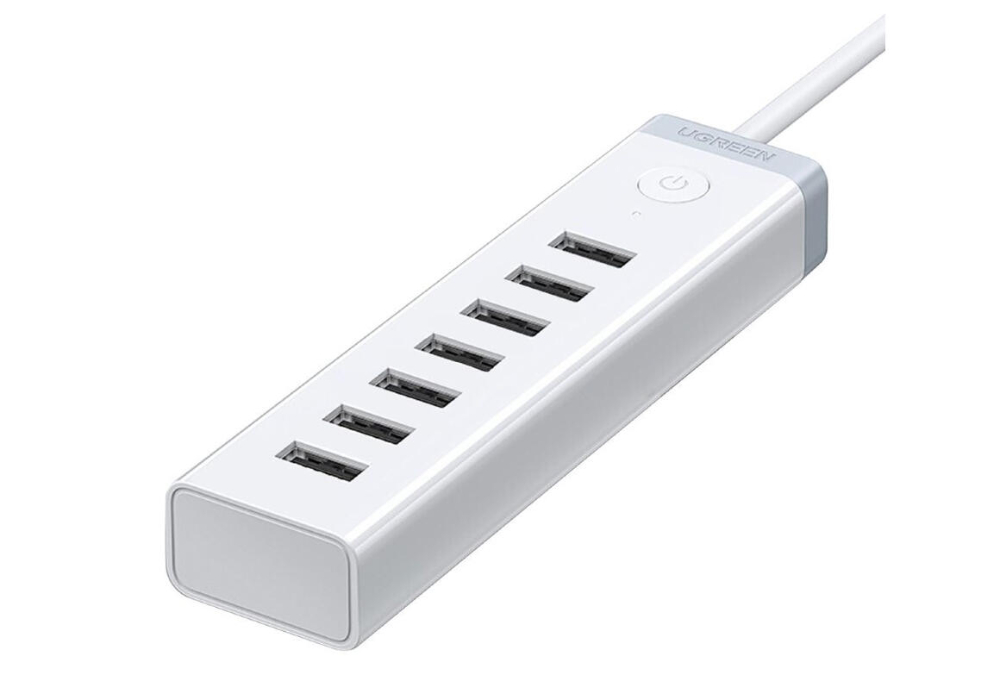 UGREEN  7-in-1 Powered USB 2.0 Hub Switch Adapter – 3 USB 2.0 Data Ports + 4 Smart Charging Ports, Individual On/Off Switches, LED Indicator, 12V/2A Aluminum Splitter