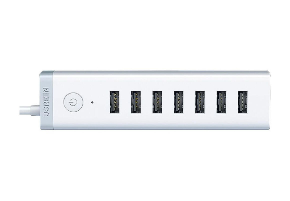 UGREEN  7-in-1 Powered USB 2.0 Hub Switch Adapter – 3 USB 2.0 Data Ports + 4 Smart Charging Ports, Individual On/Off Switches, LED Indicator, 12V/2A Aluminum Splitter